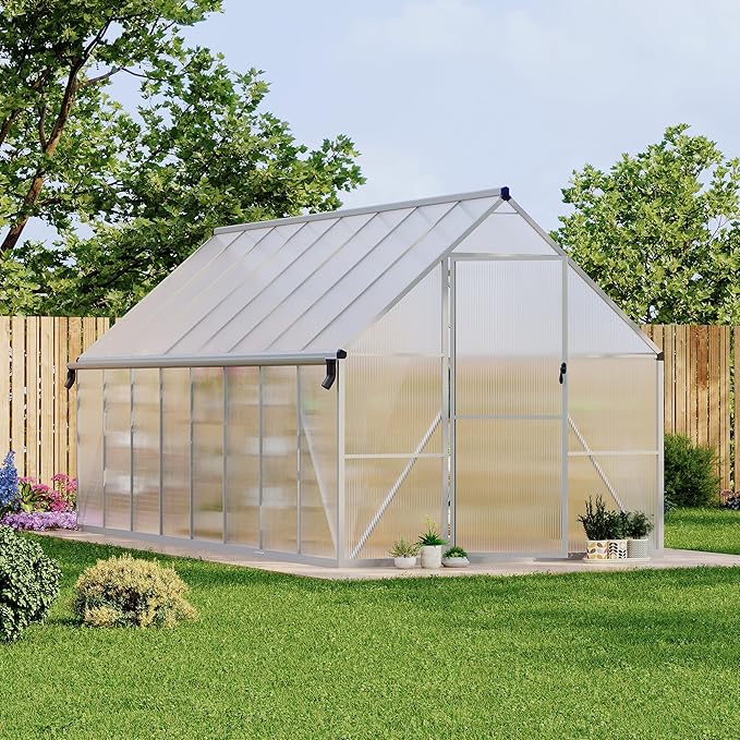 8X16 ft Polycarbonate Greenhouse with Aluminum Frame, Polycarbonate Greenhouse for Outdoors, Greenhouses with Ventilation and Rain Gutter, Aluminum Large Walk-in Greenhouses for Outside