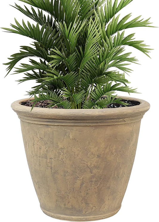 Sunnydaze 24-Inch Anjelica Large Plastic Pot for Plants - Double-Walled Outdoor Polyresin Round Planter Porch Pot with Drillable Drainage Holes - Beige