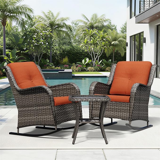 Joyside 3 Piece Wicker Patio Furniture Set, Outdoor Rocking Chair with High Back, Deep Seating, Wide Armrest, Thickened Cushions, Outdoor Rattan Furniture for Deck, Porch Use