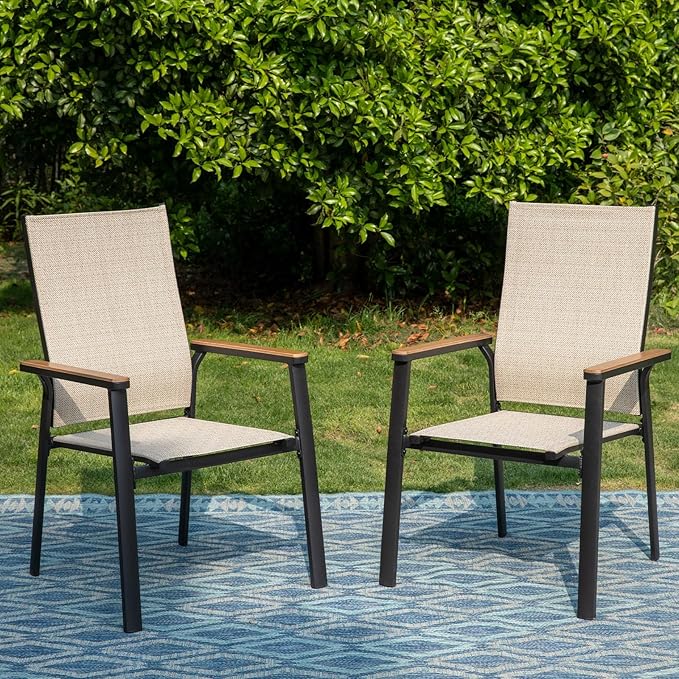 PHI VILLA Outdoor Stackable Chairs, Patio Chairs Set of 2, Light Weight Aluminum Frame with Textilene Fabric & Wood Armrest, High Back Deck Chairs for Poolside Lawn Garden, Beige