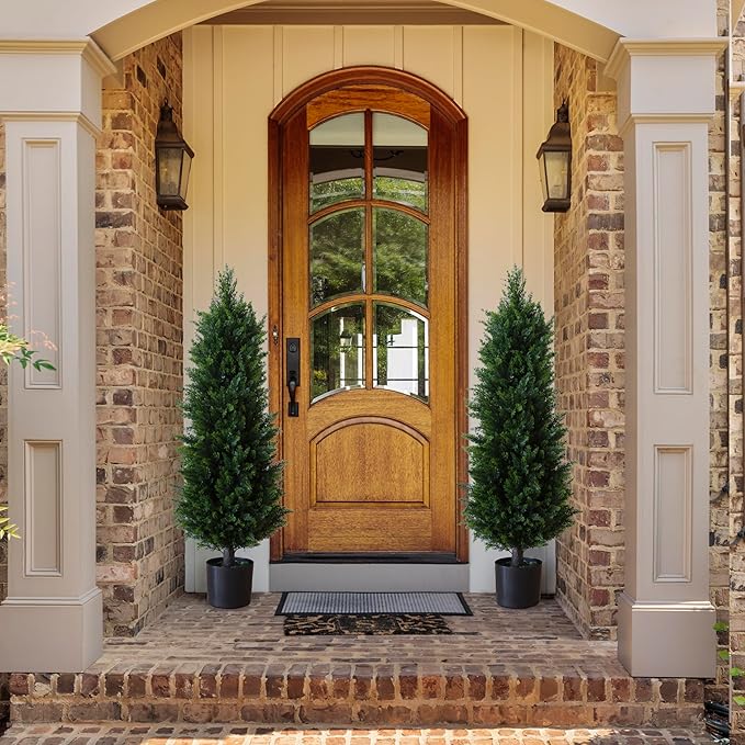 46 Inch Set of Two，Artificial Cedar Topiary Tree, for Indoor & Outdoor Decoration, UV Protection Potted Shrubs for Front Door, Beautiful and Lifelike Tree (46 Inch)
