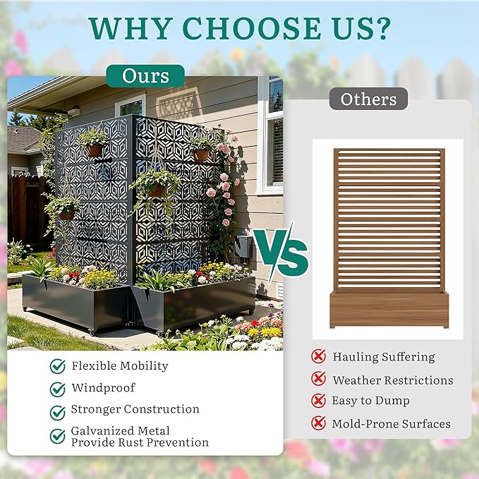 Metal Planter Box with Trellis, Galvanized Steel Raised Garden Bed with Privacy Screen, Lockable Casters, 73"x47"x16" Planter with Drainage Holes for Outdoor Climbing Plants, Vegetables, Patio