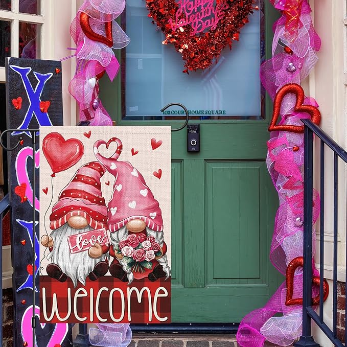 Valentines Day Gnomes Garden Flag 12x18 Inch Double Sided，Flower Love Hearts Welcome Small Burlap Yard Flag for Home Outside Holiday Decoration