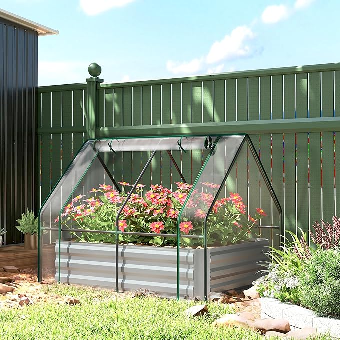 Outsunny 4 x 3 x 3ft Raised Garden Bed with Mini Greenhouse, Galvanized Raised Garden Bed with Cover for Herbs and Vegetables, Small Greenhouse for Patio Garden Balcony, Clear