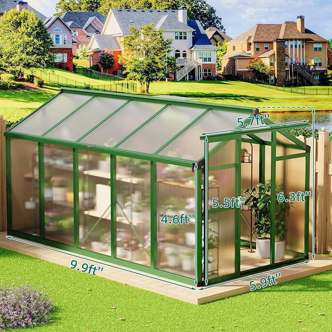 6x10 ft Greenhouse, Aluminum Frame & Polycarbonate Panel Greenhouse for Outdoors, Green House with Adjustable Roof Vent & Lockable Door, Durable Walk-in Green Houses for Backyard, Patio, Lawn