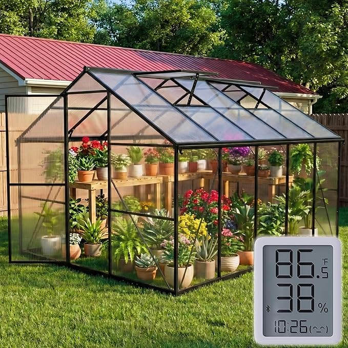 8X10 FT Greenhouse for Outdoors with Thermometers, Polycarbonate Walk-in Green House for Outside, Reinforced Aluminum Frame Greenhouses, Heavy Duty Garden, Patio, Backyard Flower Planting