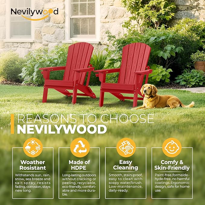 nevilywood Folding Adirondack Chair with Cup Holder,HDPE All-Weather Patio Chairs,Plastic Outdoor Chairs- Looks Exactly Like Real Wood-Red
