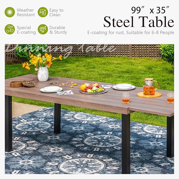 Sophia & William Patio Table and Chairs Set, Outdoor Dining Set for 8, 9 Piece Metal Patio Furniture, 99" Expandable Rectangular Table with Wood-Like Tabletop(Geometry)