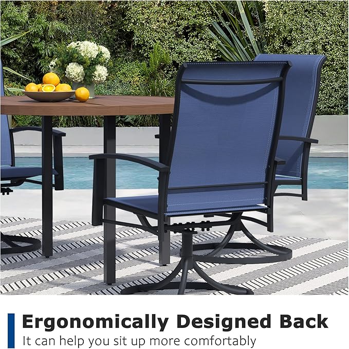 5 Pieces Outdoor Table and Chairs for 4, 42" Walnut Round Table with 4 Blue Swivel Chairs, Patio Set with Swivel Chair, Garden Tables for Outdoor, Patio Dining Set for Lawn Backyard Poolside