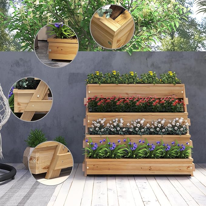 Outsunny 4 Tier Raised Garden Bed with Drainage Holes, Vertical Wooden Planter Box Freestanding Garden Bed with Bed Liner, Outdoor Planter Box for Garden, Patio, Balcony