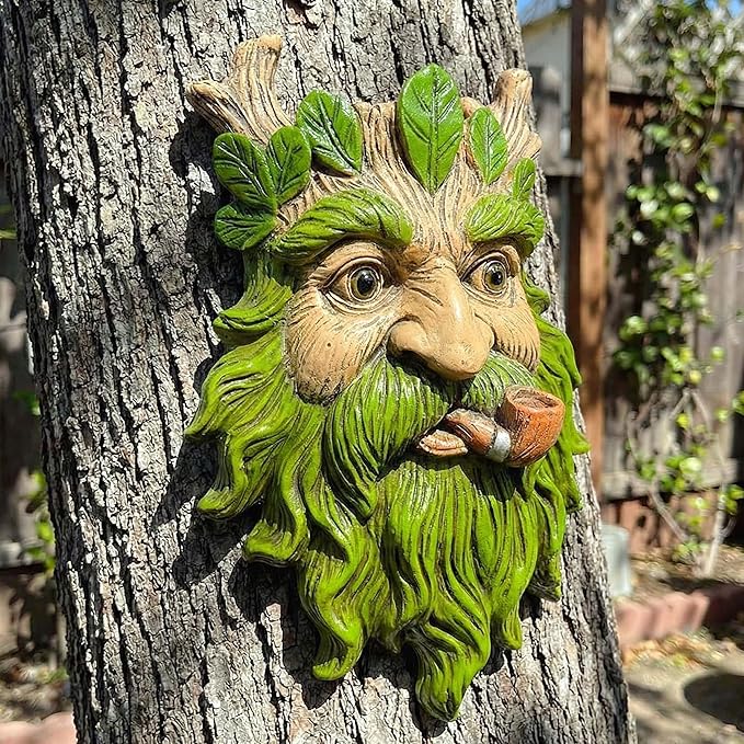 9.9" Whimsical Tree Face Sculpture, Garden Peeker Statue, Outdoor Trunk Tree Huggers Art, Landscape Accent Ornament, Hanging Fairy Elve Figurine for Yard Art, Trees Decor Wall Mounted Statues