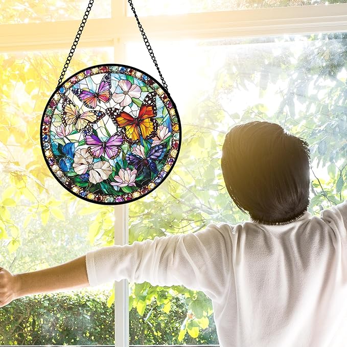 DASTOLL Stained Glass Window Hanging, Colorful Butterfly Suncatcher for Doors Home Sun Catchers Decoration and Christmas, Mother's Day Birthday Gifts for Women, Men, and Mom 11.8x11.8 in