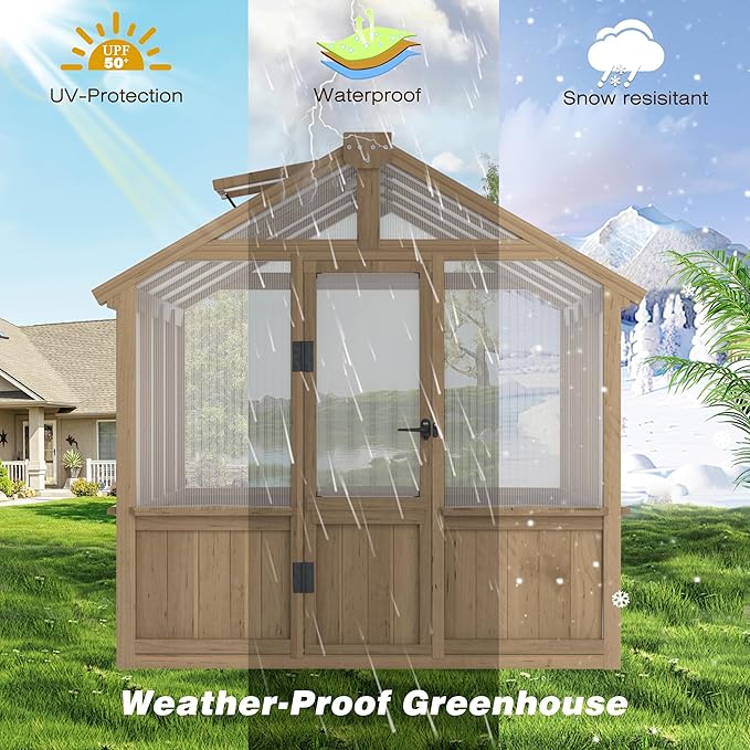 Mupater 6 x 8 FT Wooden Polycarbonate Greenhouse with Ventilated Window and Lockable Door, Walk-in Greenhouse for Backyard, Patio, Lawn, Brown