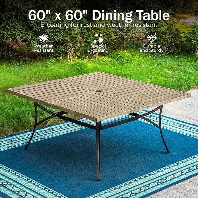 PHI VILLA 9 Pieces Outdoor Patio Dining Set for 8, 60”Square Brown Metal Steel Table with Umbrella Hole & Stackable Black Iron Chairs, Large Outside Furniture Set for Deck, Yard, Porch