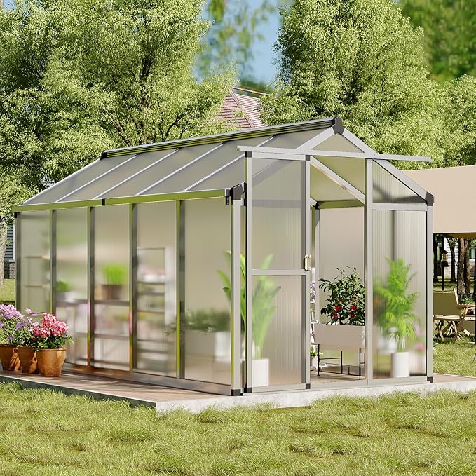 6X10 FT Greenhouse, Polycarbonate Garden Greenhouse for Outdoors,Aluminum Frame Green House with Lockable Door and Adjustable Roof Vent, Ideal for Backyard Patio and Outside Growing