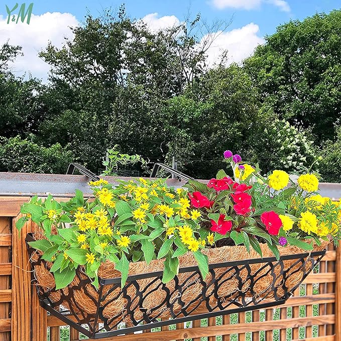 Y&M 24" Window Boxes Horse Trough with Coconut Coir Liner, 2pcs 24 Inch Window Deck with Coco Liner, Black Metal Hanging Flower Planter Window Basket Deck Railing Planter Boxes for Outdoor Indoor Lawn