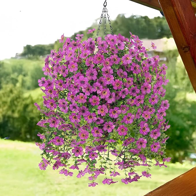 HyeFlora Artificial Hanging Flowers Basket for Outdoor, Fake Flowers Faux Plants Look Real for Yard Gardens Porch Patio Home (Purple)