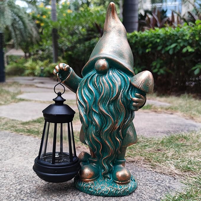 Gnomes Garden Statue Outdoor Décor with Solar Lights Lantern,Gnome Solar Light Figurines Outside Decorations for Yard，Lawn Patio, Balcony, Unique Housewarming Gifts