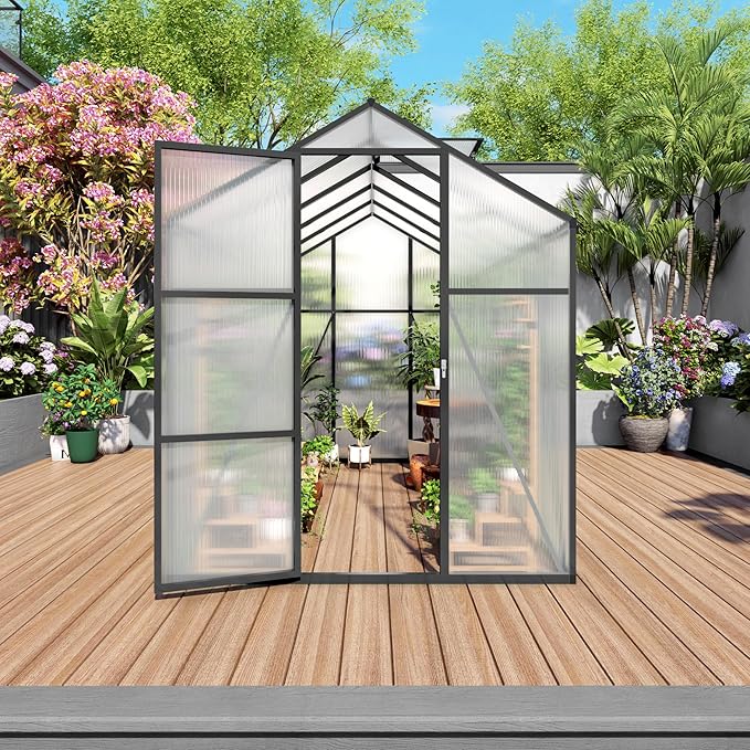 6x10 FT Greenhouse,Outdoor Greenhouse W/ Roof Vent,Walk-in Aluminum Polycarbonate Green House W/ Drainage System & Ground Nails,Green Houses for Outside Garden,Backyard,Patio,Lawn,Black