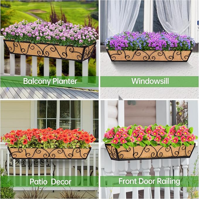 Y&M 30 Inch Butterfly Window Deck with Coco Liner, Fence Metal Hanging Flower Planter Window Basket Deck Railing Planter Boxes for Outdoor Garden Lawn 6pcs