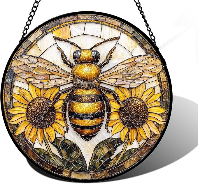 DASTOLL Stained Glass Window Hanging - Bee Sunflower Yellow Suncatcher Ready to Hang Window Doors Home Decoration and Christmas, Mother's Day Birthday Gifts for Women, Men, and Mom 11.8x11.8 in