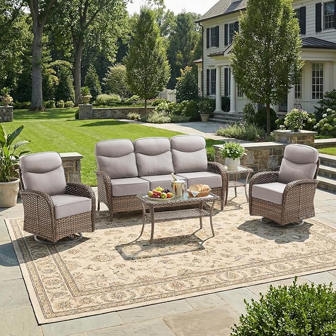 Luxury Patio Furniture Set with 6-inch Thick Cushions, Outdoor Furniture Set with High Back Swivel Chairs, 5 PCS Wicker Outdoor Conversation Set for Porch, Patio, Yard, Deck, Poolside, Brown/Beige