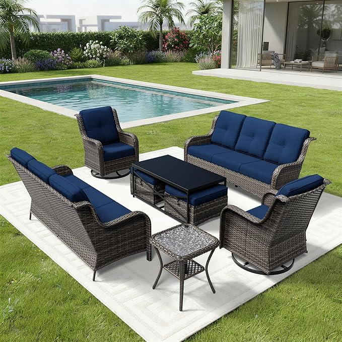 Joyside 8 Piece Wicker Patio Furniture Set, Outdoor Swivel Rocker Patio Chairs with High Back, Deep Seating, Wide Armrest, Thickened Cushions, Outdoor Furniture for Deck, Porch Use