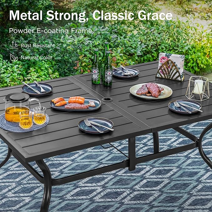 PHI VILLA 7 Pieces Outdoor Patio Dining Set for 6, 60”Rectangular Metal Steel Table with Umbrella Hole & Stackable Wrought Iron Chairs, Outside Furniture Set for Deck, Porch, Backyard