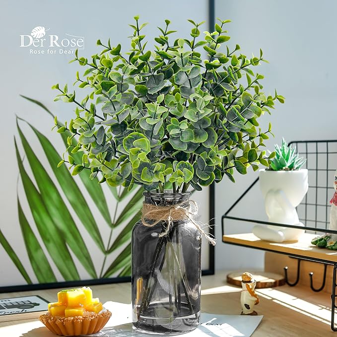 Der Rose 14.5" Fake Plants for Black Bathroom Decor Artificial Eucalyptus Stems in Black Glass Vase with Faux Water for Office Desk Accessories Home Wedding Decor