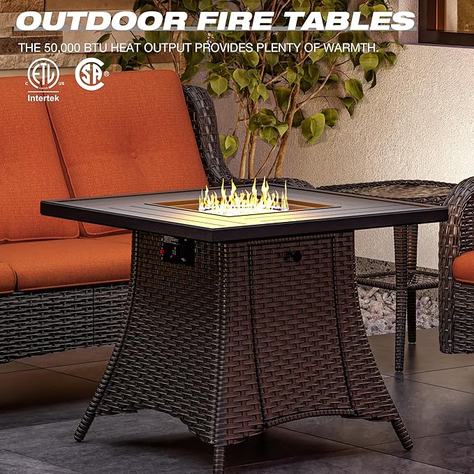 Joyside 3 Piece Wicker Patio Furniture Set with Fire Pit Table, Rattan Patio Chairs with High Back, Deep Seating, Wide Armrest, Thickened Cushions, Outdoor Furniture for Deck, Porch Use