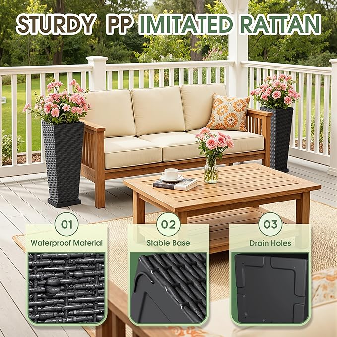 Set of 2 Tall Plastic Planters with Saucer, 24 Inch Height Pots with Drainage Trays, Black