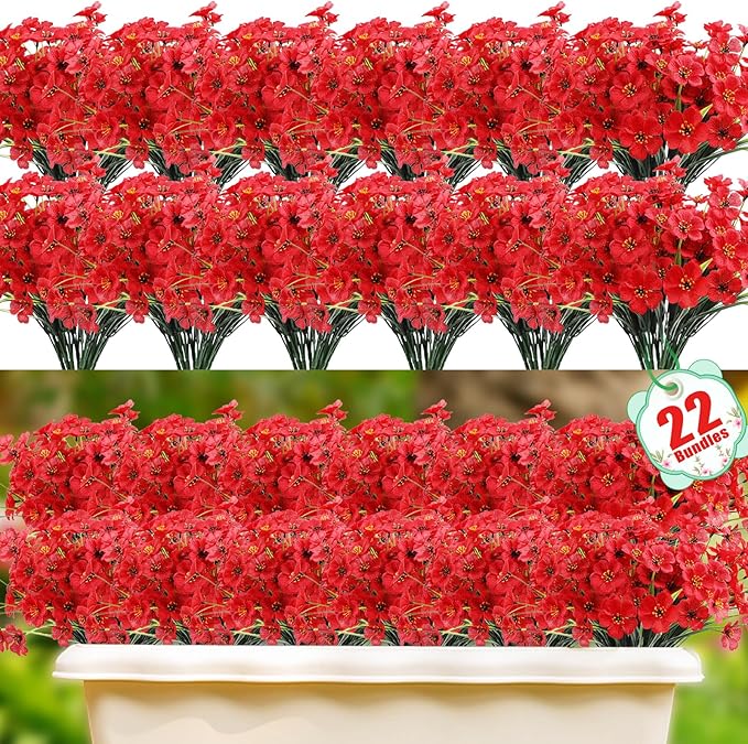 22 Pack Artificial Flowers Outdoor, Faux Flowers UV Resistant with Plastic Plants, Faux Silk Flowers for Outdoors Outside Front Porch Hanging Planter Window Box Garden Decoration(Red)