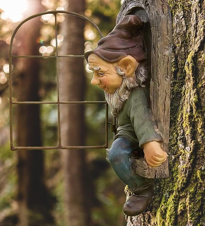 Teaeeno 12-inch Elf Out The Door Tree Hugger, Garden Gnome Statue Decor Outdoor, Large Outdoor Tree Hugger for Yard Art, Trees Decorations Outdoor Wallmounted Statue