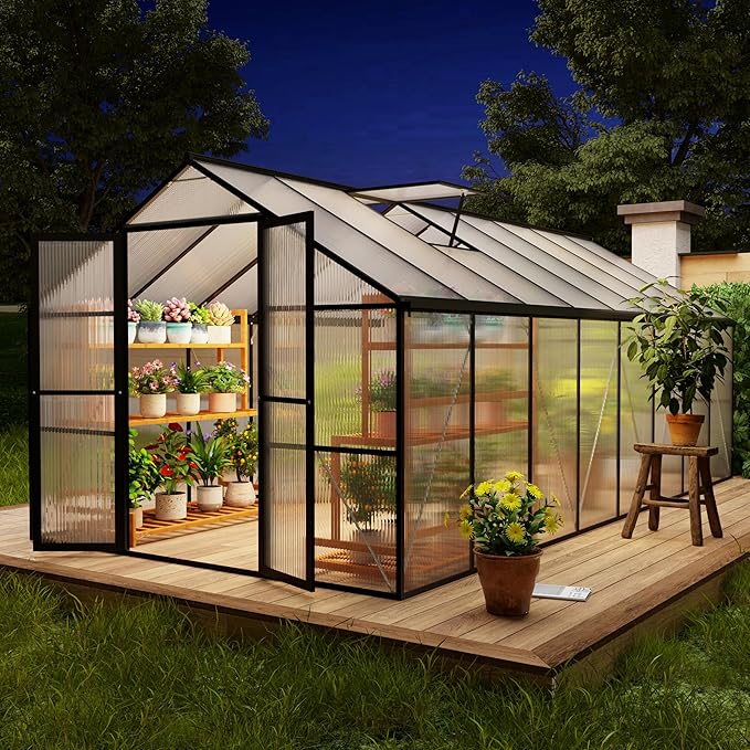 8 x 16 FT Outdoor Greenhouse, Heavy-Duty Polycarbonate Greenhouse with Aluminum Frame, Lockable Door, Adjustable Roof Vent, Walk-in Green House for Backyard, Garden, Patio