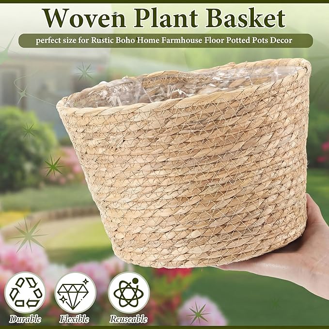12 Pcs Seagrass Plant Basket with Plastic Liners Woven Stylish Planter Baskets Bulk Indoor Outdoor Plants Woven Wicker Baskets for Flower Pots Cover and Room Decor Small (Mixed Size,Rustic)