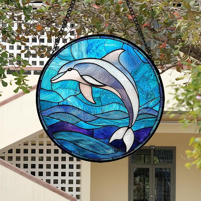 Stained Glass Suncatcher, Blue Ocean Dolphin Sun Catcher Marine Life Stain Glass Indoor Window Hanging Decoration Mother's Day Birthday Gifts for Women Men Mom and Nana 6.3 in