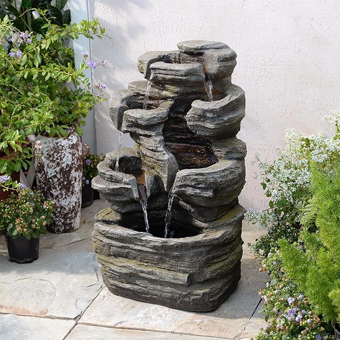 6-Tier Cascading Rock Water Fountain Outdoor Garden Waterfall Decor for Garden, Patio, Backyard, Deck, Porch and Home Art Decor,24.4" H Outdoor Fountain with Lights
