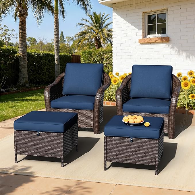 Outdoor Chairs Set with Ottomans, 4 PCS Patio Conversation Furniture Set with Removable Cushions, All-Weather Wicker Furniture for Porch, Backyard, Deck, Sunroom (Navy Blue)