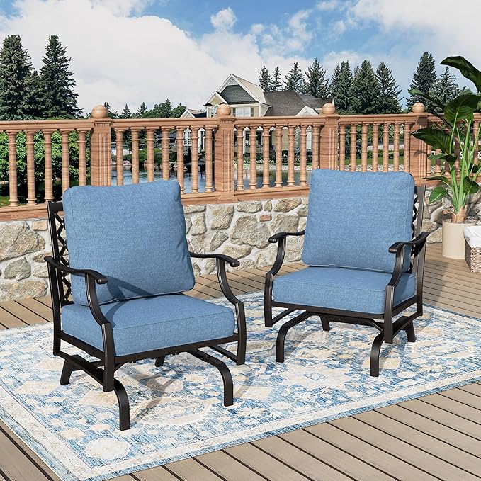 Patio Chairs Set of 2, High Back Outdoor Patio Metal Chairs with 5.75" Thick Cushions for Bistro Balcony Porch Deck and Yard, Navy Blue