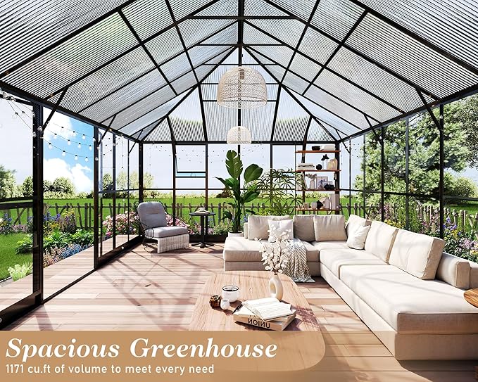 HOWE 16x12x9.5 FT Pavilion Styled Greenhouse with Clear Panels Double Swing Doors, 4 Vents Hybrid Polycarbonate Greenhouse, Green Houses for Outdoors, Sunroom Black