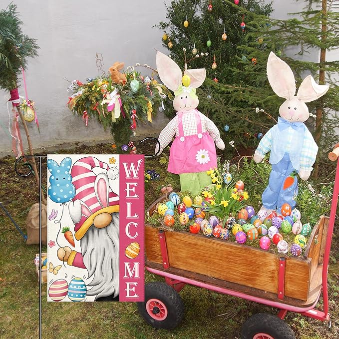 Welcome Easter Gnome Garden Flag 12×18 Inch Double Sided Vertical Spring Yard Outdoor Holiday Yard Lawn Garden Banner (Easter Garden Flag)