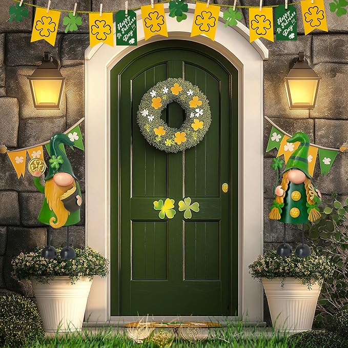 HONGLAND 18 Inch St Patricks Day Decorations Outdoor Gnome Décor, 2Pc Metal Gnomes Figurine with Green Shamrock, Irish Leprechaun St Patrick's Day Decor for Home Outside Garden Lawn Party Yard Patio
