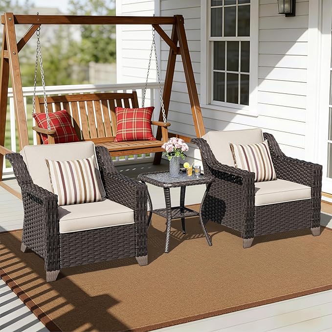 3 Pieces Patio Conversation Furniture Set - 2 Armchairs, 1 Side Table, Outdoor Wicker Furniture with Removable Cushions for Porch, Balcony, Deck, Sunroom (Beige)