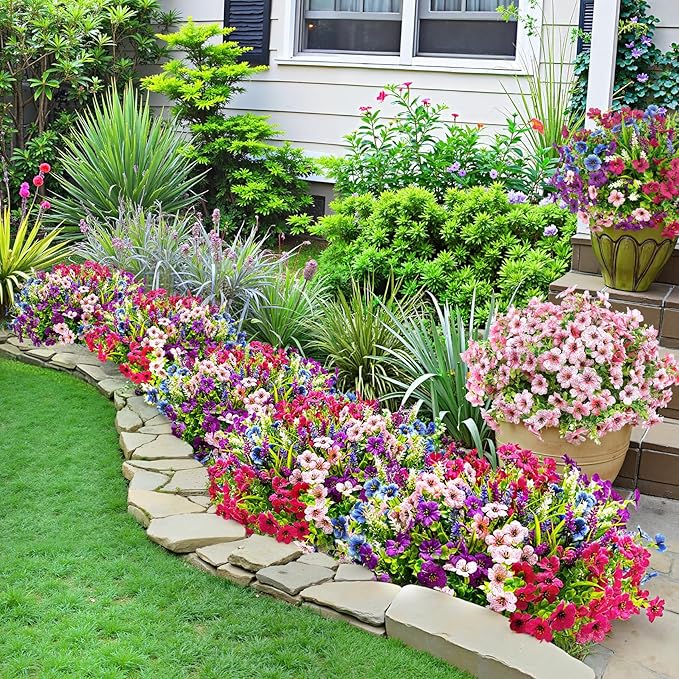 Besteek 20 Bundles Artificial Flowers for Outdoors Decoration Fake Silk Flowers UV Resistant Faux Plants Artificial Daisy Eucalyptus for Spring Summer Garden Yard Porch Window Home Decor, Mixed