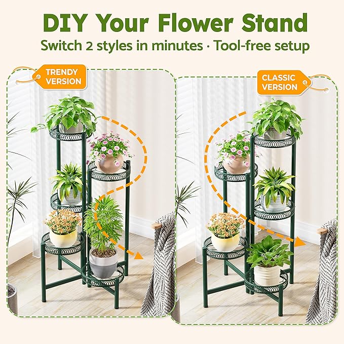 NQW 5-Tier Metal Plant Stand Indoor Outdoor, Corner Tall Plant Shelf for Multiple Plants, Foldable Plant Stand, Heavy Duty Flower Stand Holder for House Living Room Balcony Garden Patio -GreenFlower