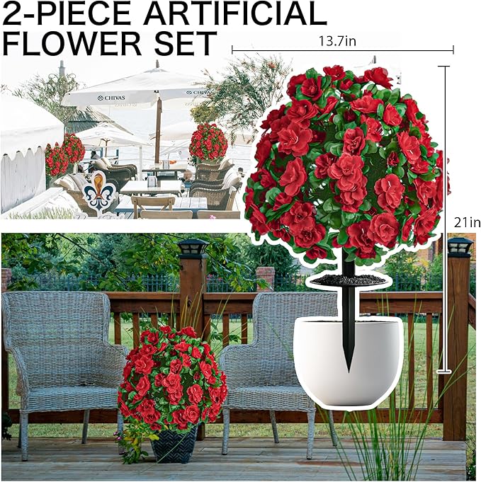 AZXVT Artificial Flowers for Outdoors, Faux Outdoor Plants Fake Plants Topiary Balls Artificial Outdoor Set of 2 with Ground Spike for Home Front Porch Patio Garden Decor (Red)