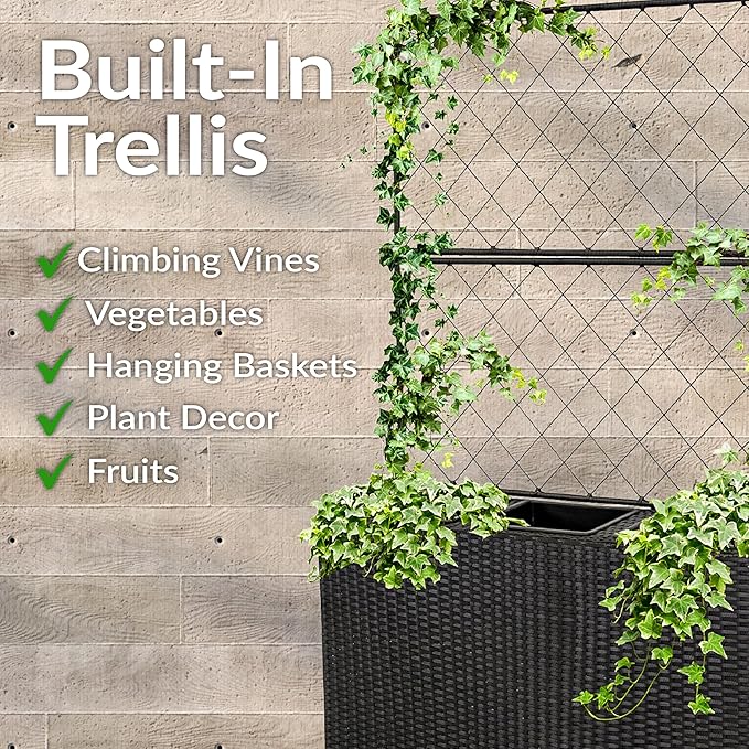 Sunnydaze 3-Section Tall Wicker Planter Box with Trellis - 3 Removable Plastic Inserts - Raised Garden Bed with Trellis - 33" W x 11.75" D x 57.75" H