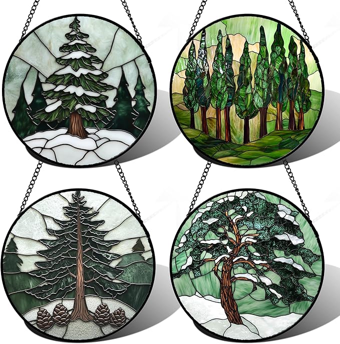 Stained Glass Window Hanging 4 Pcs Set Forest Green Trees Winter Snow Large 11.8" - Suncatcher Door Garden Sun Catcher Home Decor Birthday Mother's Day for Woman Nana Mom Men
