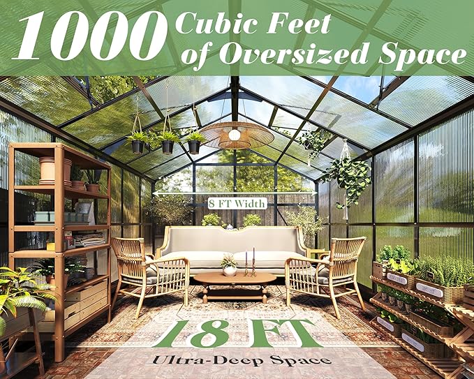 Jocisland 8x18 FT Polycarbonate Greenhouse with Quick-Connect Fittings, Walk-in Large Aluminum Sunroom with 2 Swing Doors, Winter Greenhouse for Outdoors Black