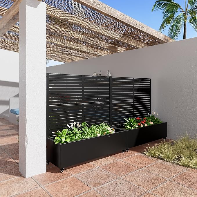 Casaphoria Metal Raised Garden Bed with Trellis and Wheels, 47"x47"x16" Planter Box for Climbing Plants, Vegetables & Vines, Features Drainage Holes and Privacy Screen (Black-Louvered)